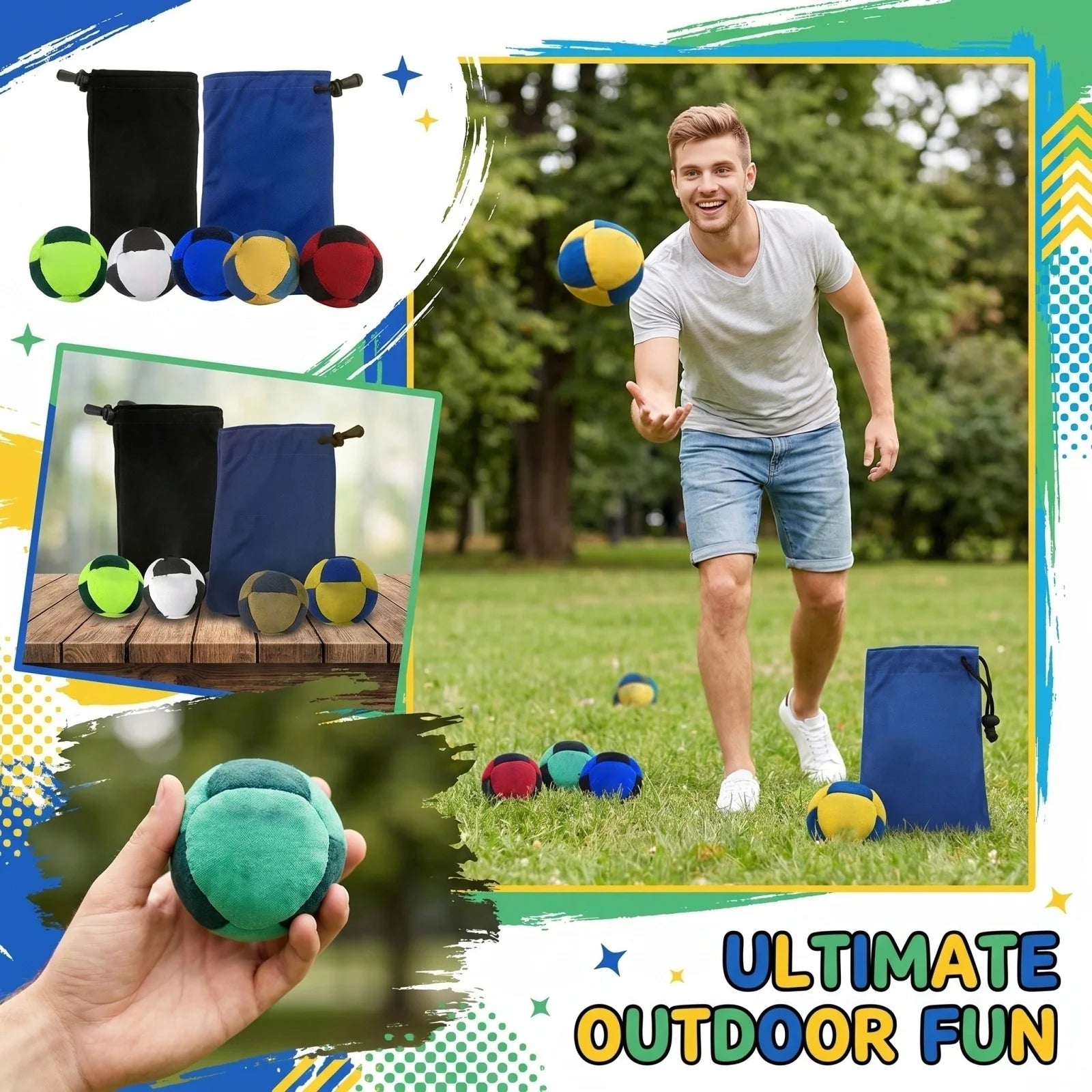 7 Styles Classic Footbag 3 Pack with Pouch, Unique, Footbag Set with Carry Bag